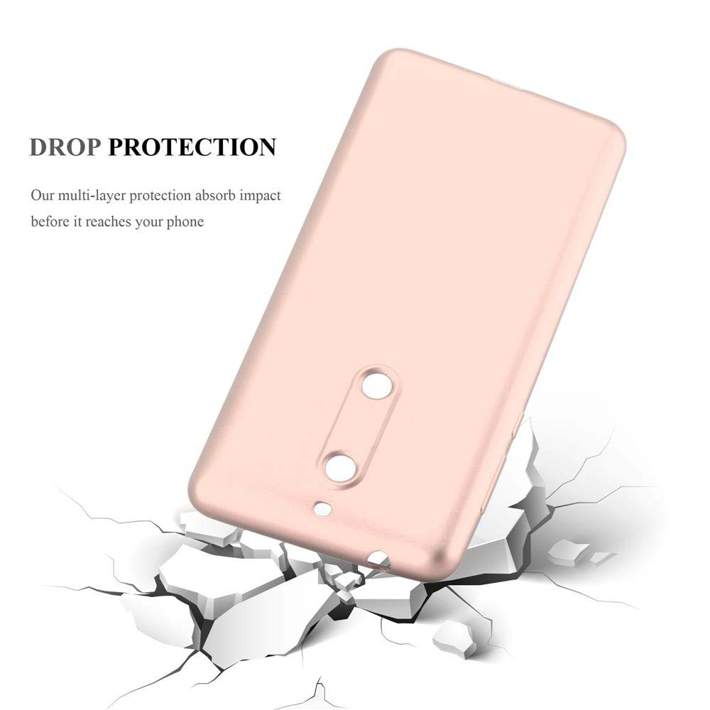 Una custodia rosa per telefono cade, con crepe che emanano dall'impatto, illustrando la protezione dalle cadute.