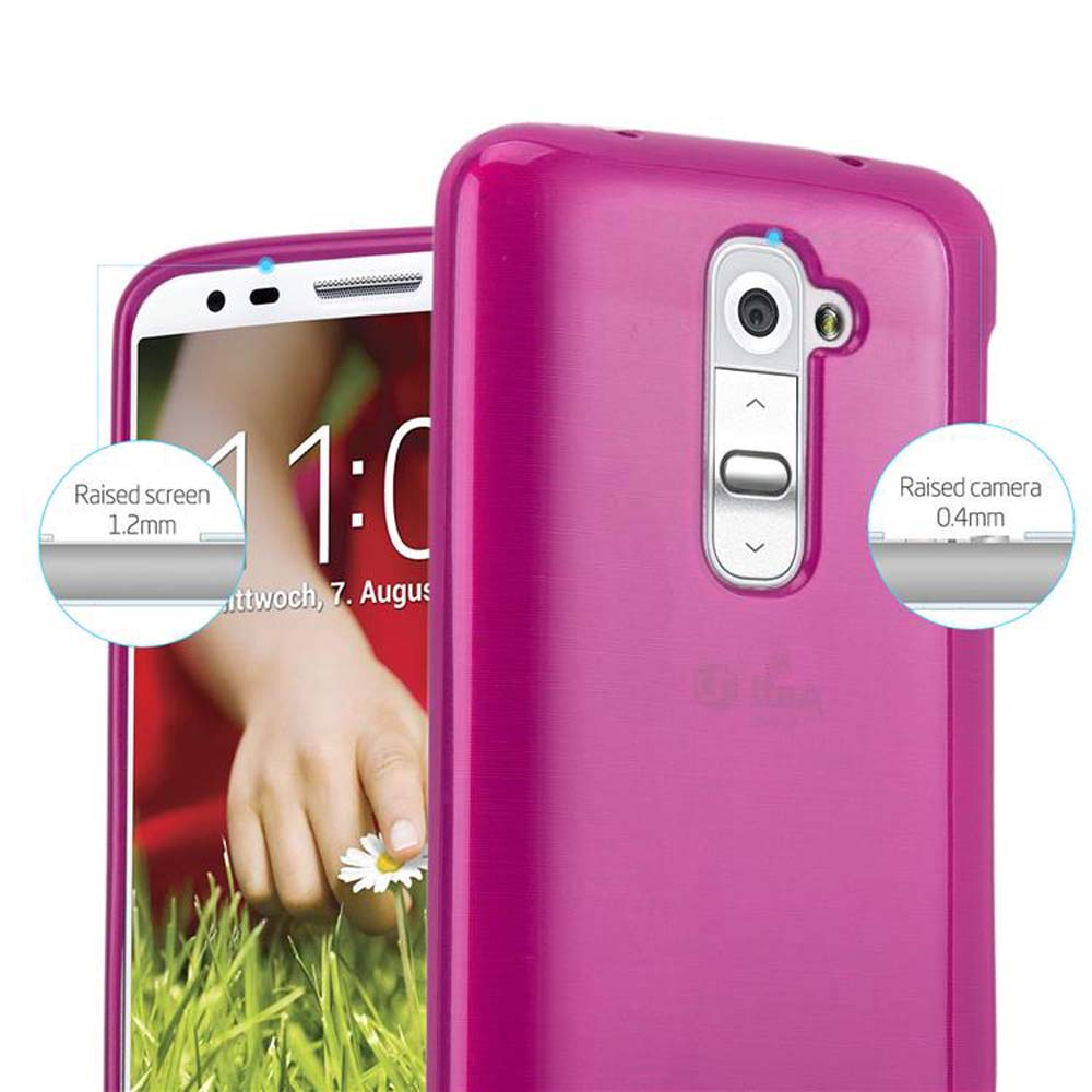 Funda rosa con un teléfono dentro. Se resaltan los bordes elevados de la pantalla y la cámara.
