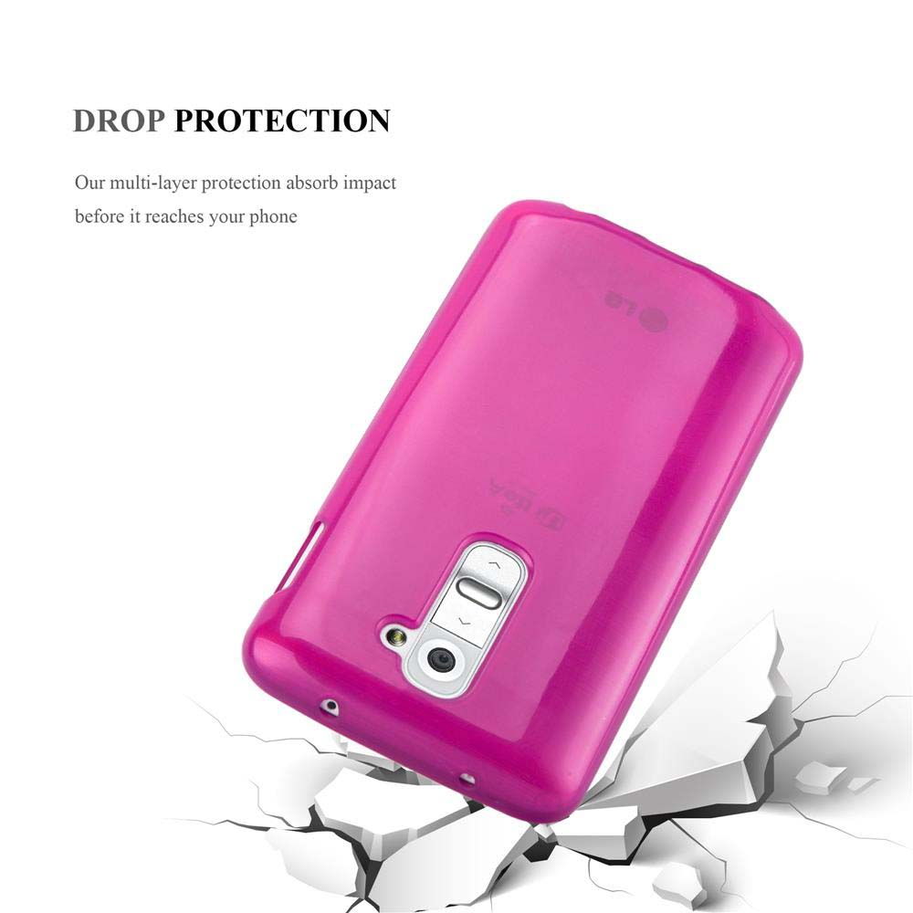 Se muestra una funda de teléfono rosa cayendo. Una superficie blanca debajo muestra una grieta por el impacto.