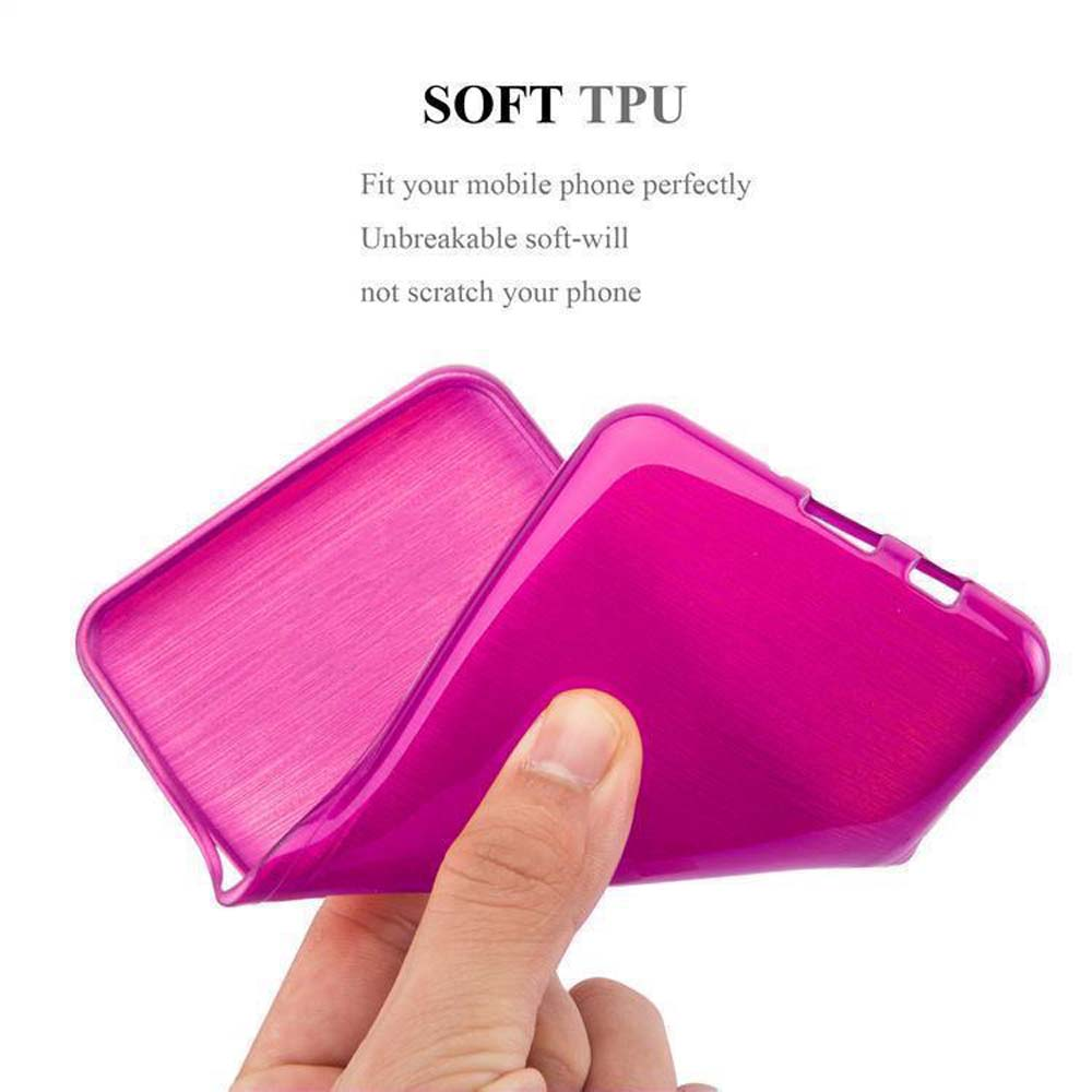 Funda de teléfono rosa, mostrando una mano sosteniéndola, con textura TPU suave, fondo blanco.