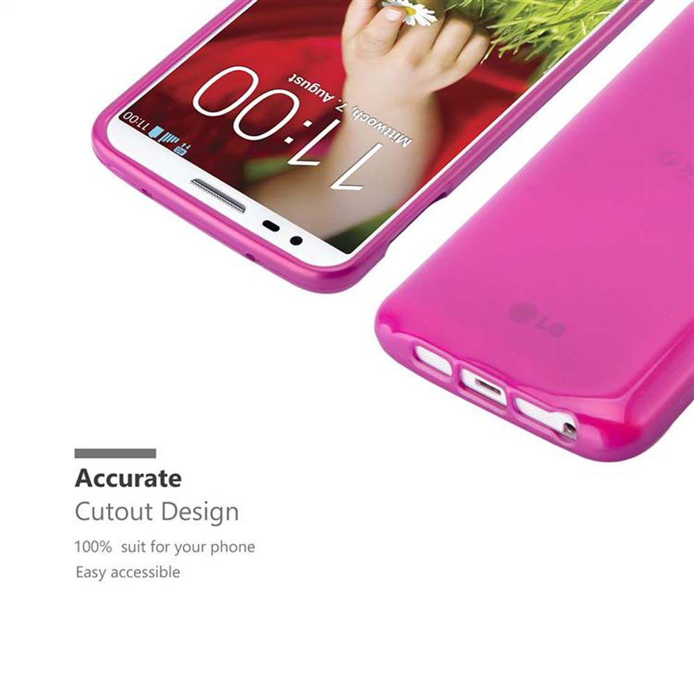 Funda rosa con teléfono dentro, mostrando recortes para botones.