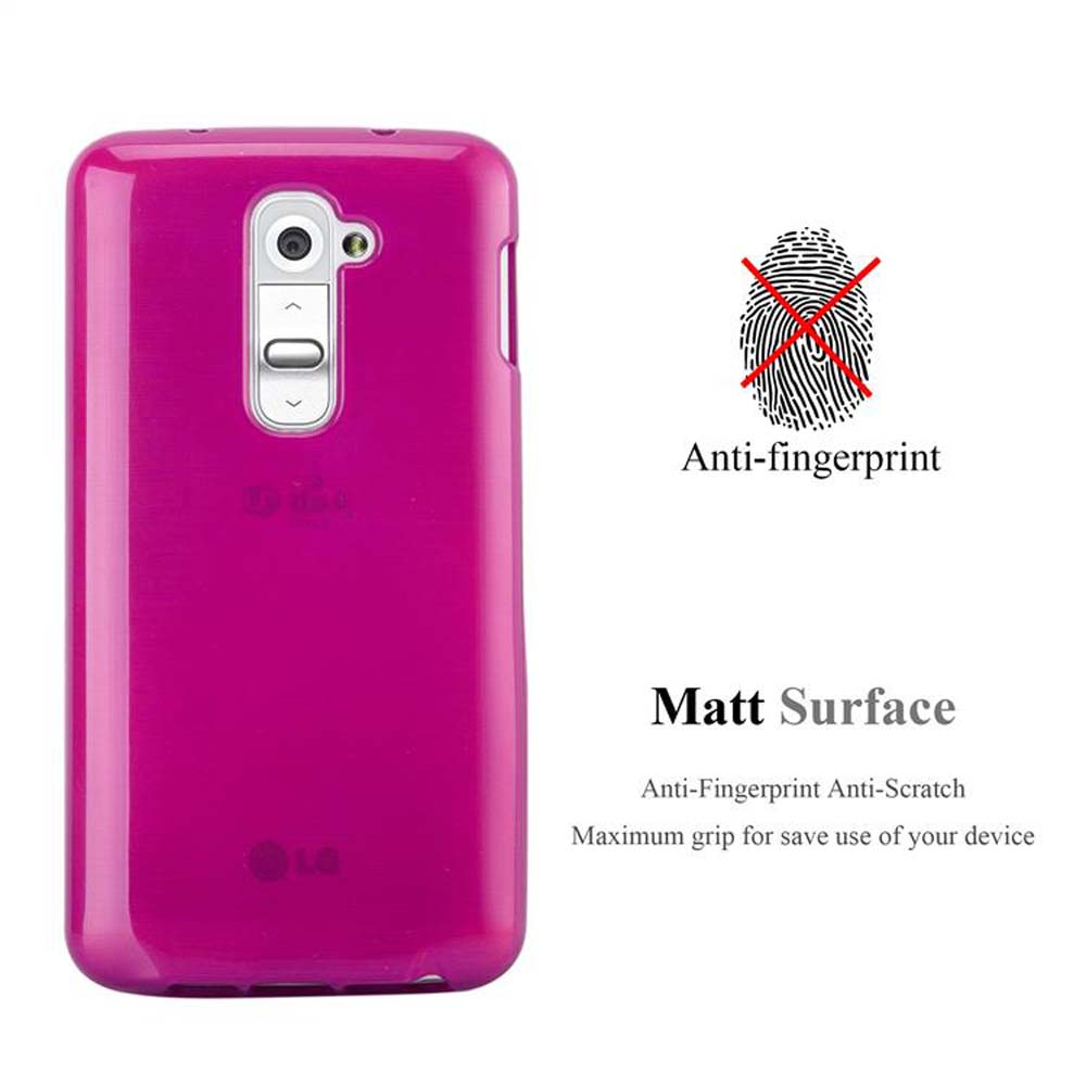 Funda rosa para teléfono con recorte para cámara. Texto menciona anti-huellas y superficie mate.