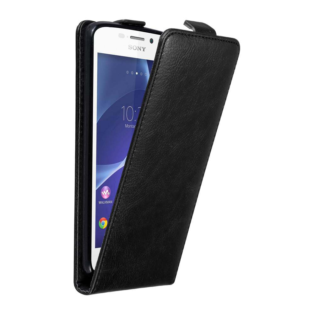 Funda negra para teléfono con un teléfono Sony blanco dentro. La funda está abierta.