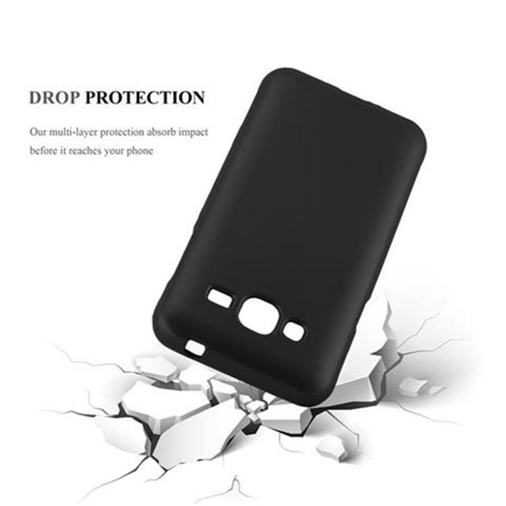 Funda negra para teléfono. El texto dice 'DROP PROTECTION'. La funda está rompiendo el suelo.
