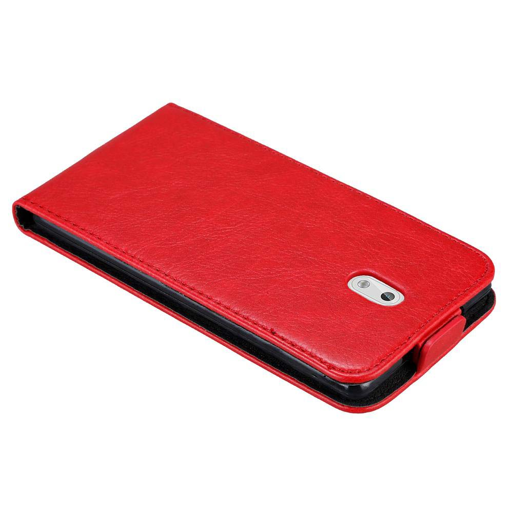 Custodia per telefono in pelle rossa in posizione aperta.