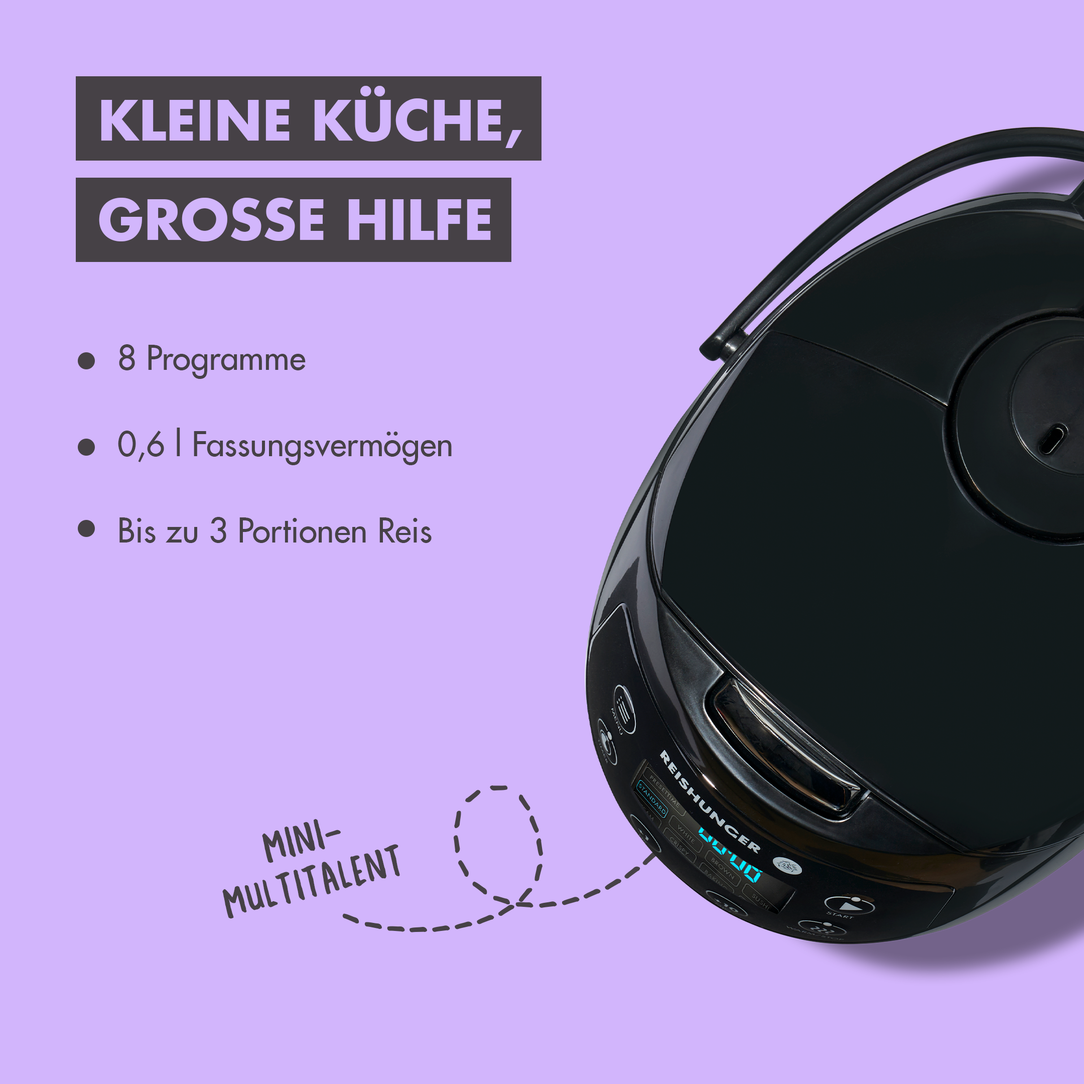 Schwarzer Reiskocher mit Text oben, Mini-Multitalent-Etikett unten.