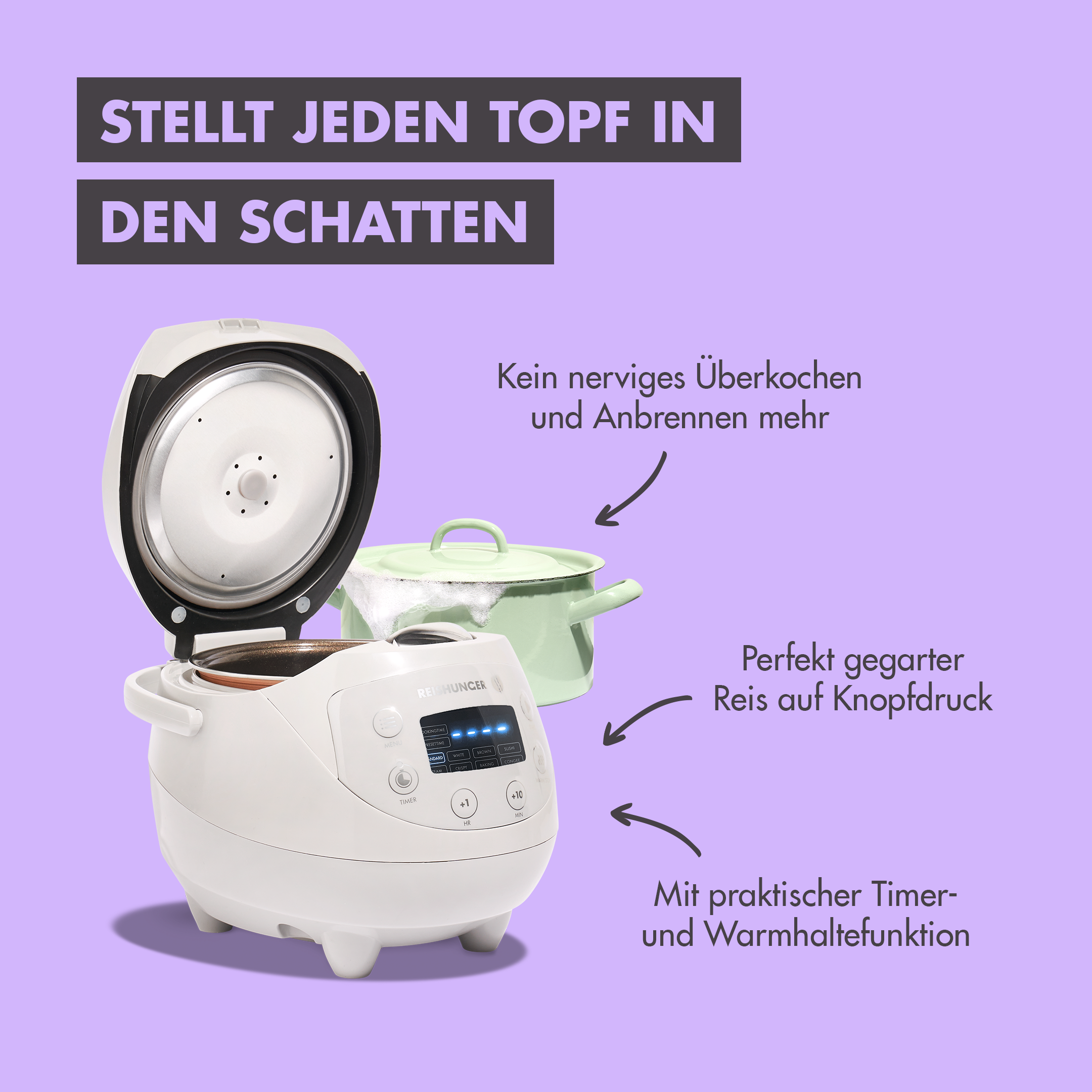 Weißer Reiskocher mit offenem Deckel, grüner Topf und Text, der seine Funktionen detailliert beschreibt.