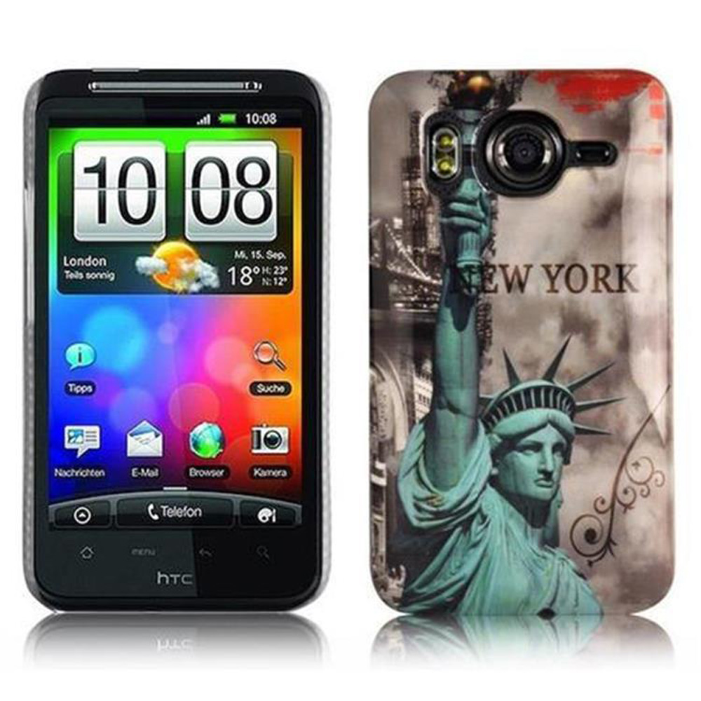 Teléfono con una funda con temática de la ciudad de Nueva York. El teléfono muestra la hora y la fecha.