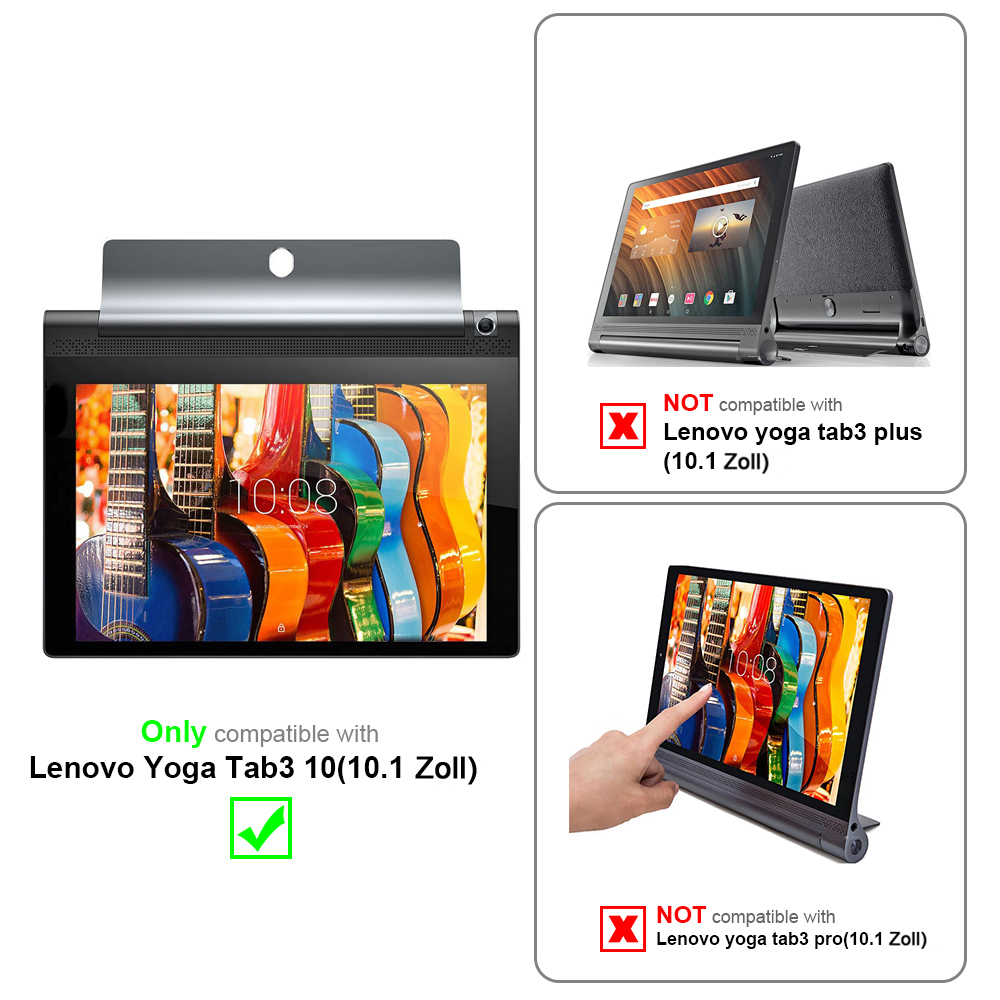 Tablet in un supporto, con immagine di chitarra. Altri due tablet, uno non compatibile.