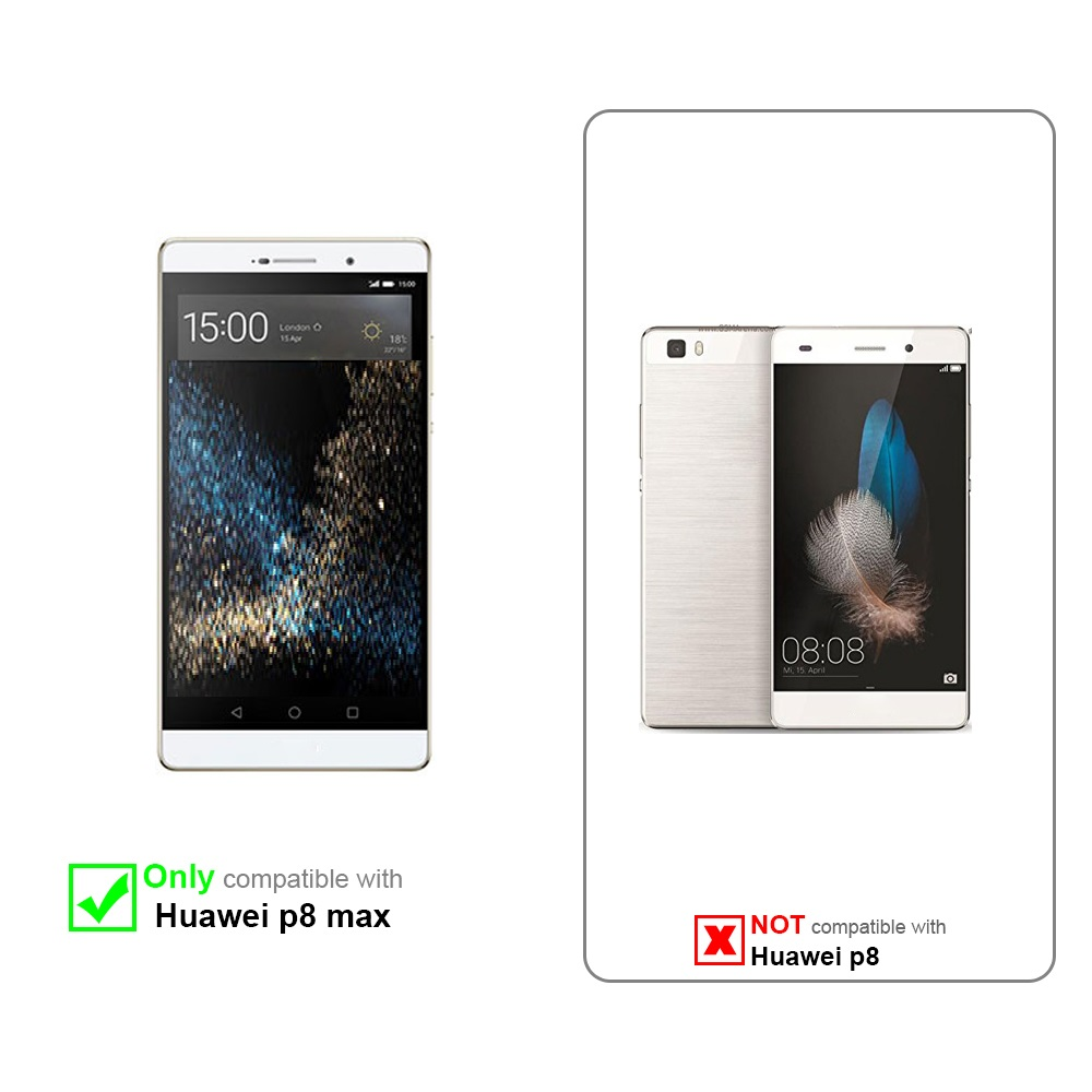Zwei Smartphones. Eines zeigt die Uhrzeit, das andere die Rückseite. Text zeigt Kompatibilität nur mit P8 max an.