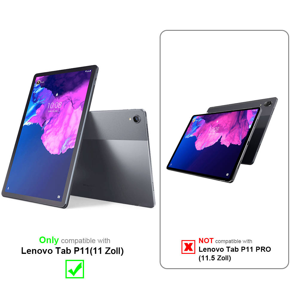 Tablet in due viste. Uno con custodia e l'altro senza, con testo che dice compatibile solo con P11.