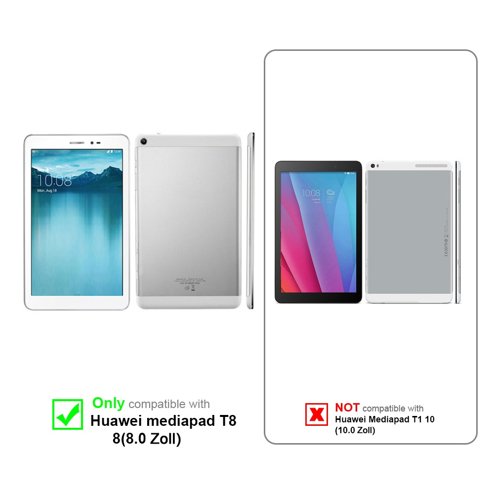 Tablets, Vorder- und Rückseite zeigend. Text: Nur kompatibel mit Huawei mediapad T8. Nicht mit T1 10.