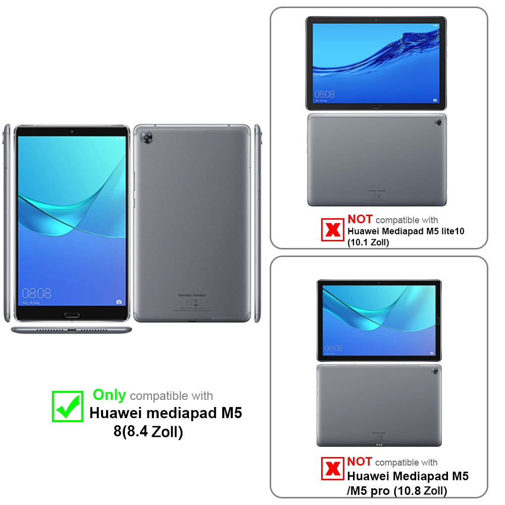 Zwei Tablets, eines silber, eines schwarz, mit einer Vergleichstabelle, die Kompatibilitätsdetails zeigt.