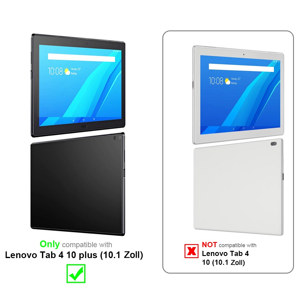 Zwei Tablets gezeigt. Eines schwarz, eines weiß. Text zeigt Kompatibilität nur mit Lenovo Tab 4 10 plus an.