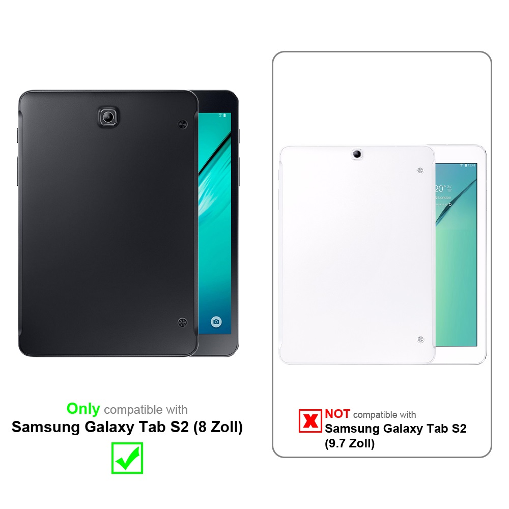 L'immagine mostra due tablet. Uno con custodia nera, compatibile con Tab S2 da 8 pollici. L'altro, non compatibile.