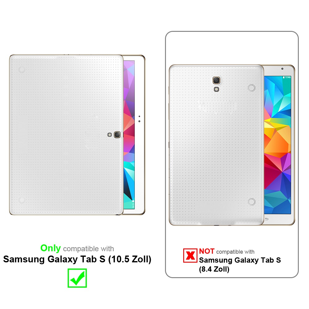 Custodia bianca per tablet su sfondo bianco. Mostra la compatibilità solo per Samsung Galaxy Tab S (10.5 Zoll).