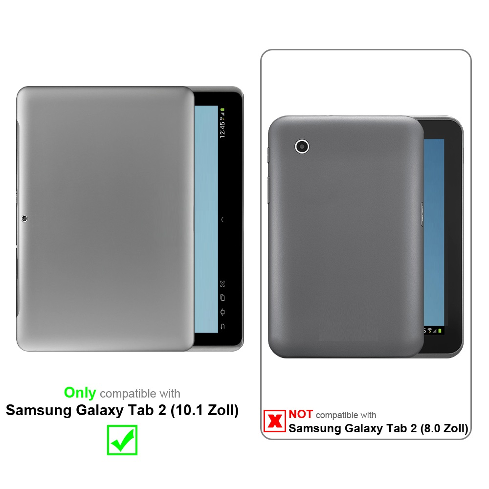 Custodia per tablet, grigia, con tablet all'interno. Il testo indica la compatibilità con Samsung Tab 2.