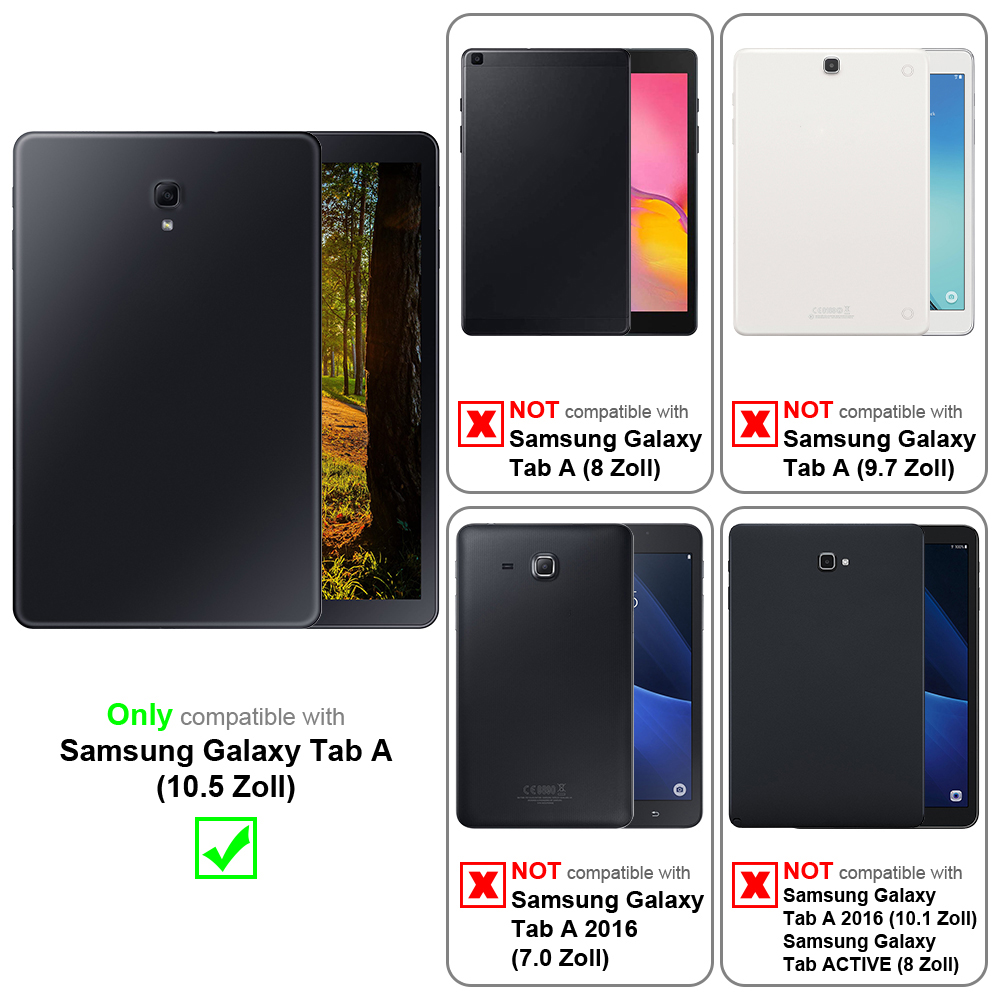 Immagine che confronta le custodie per telefoni, una custodia nera è compatibile con Samsung Galaxy Tab A (10.5 Zoll).