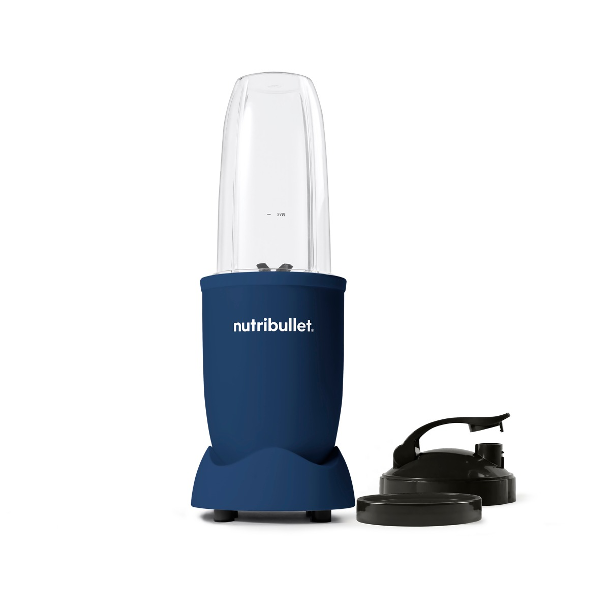 A blue Nutribullet blender with a clear container and a black lid.