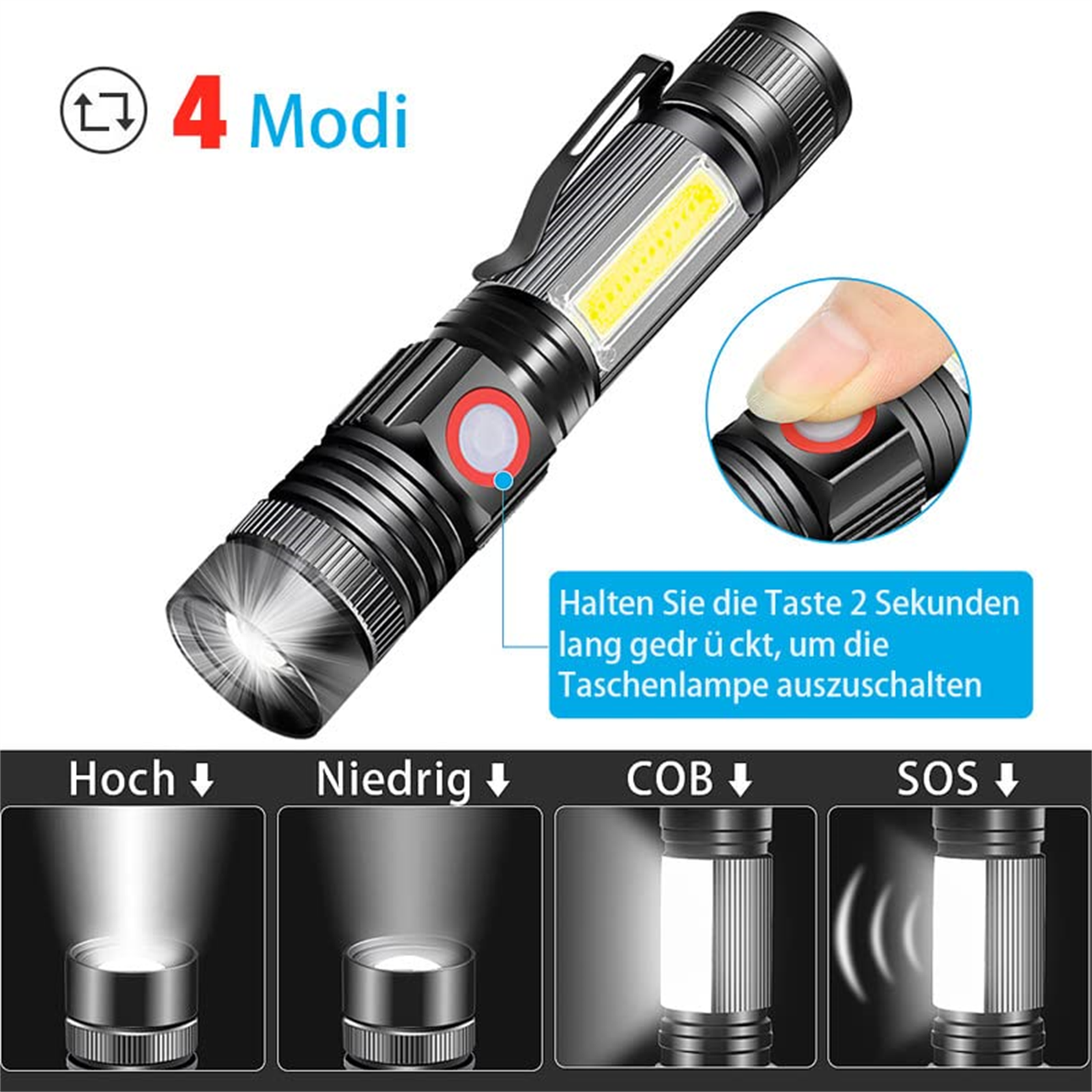 Eine schwarz-silberne Taschenlampe mit vier Modi, der hellste Modus links gezeigt.