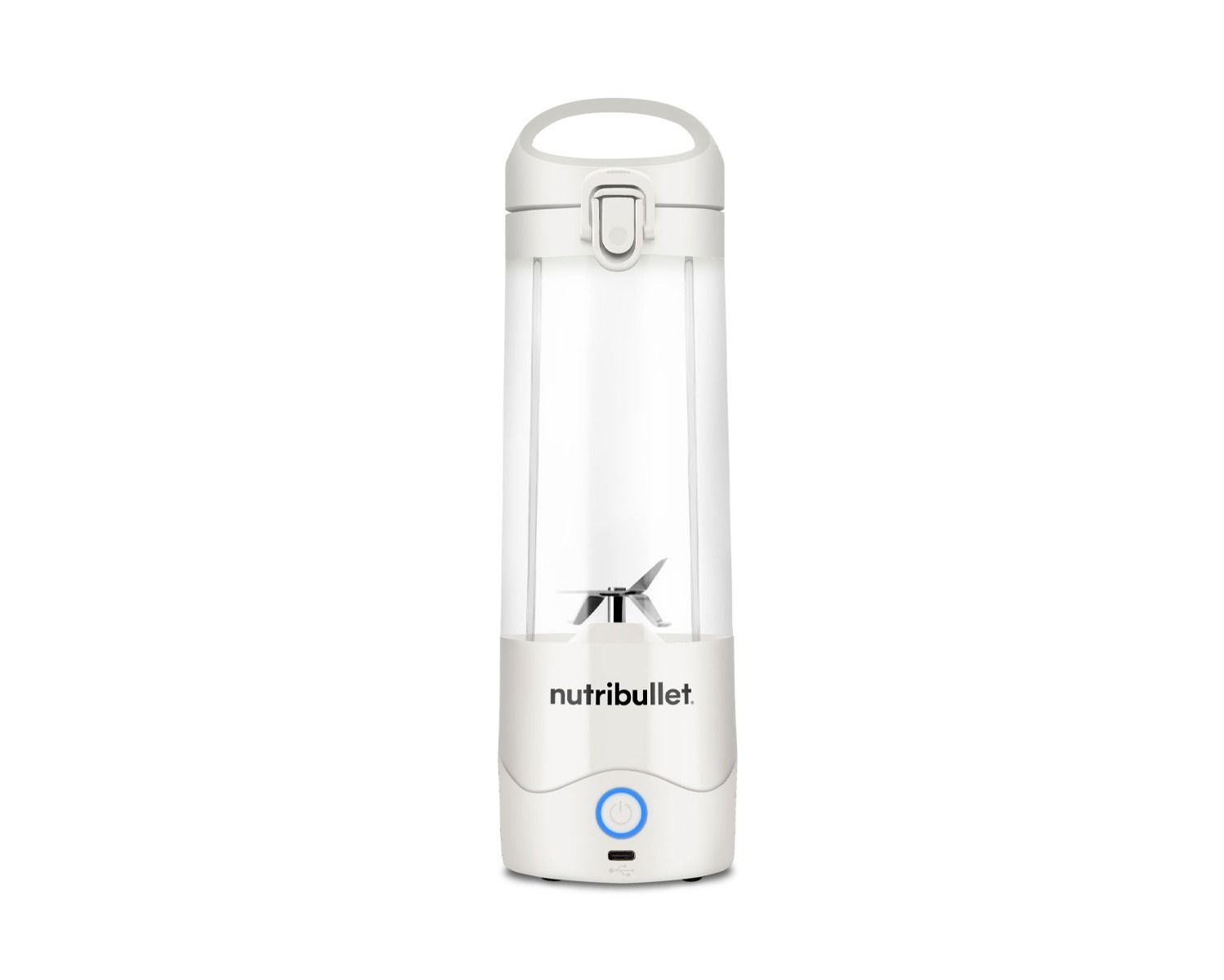 Mixeur Nutribullet blanc, grand et fin. Un bouton sur la base.