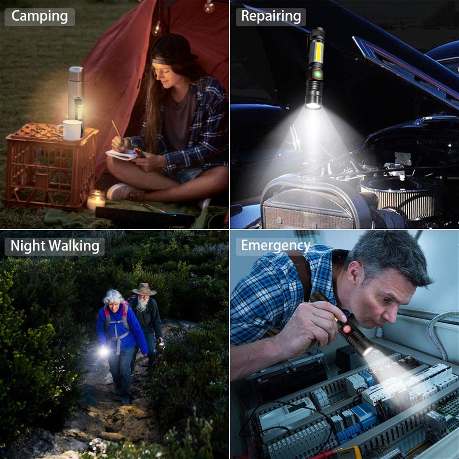 Vier Bilder zeigen den Einsatz einer Taschenlampe: Camping, Reparatur, Nachtwanderung und Notfall.