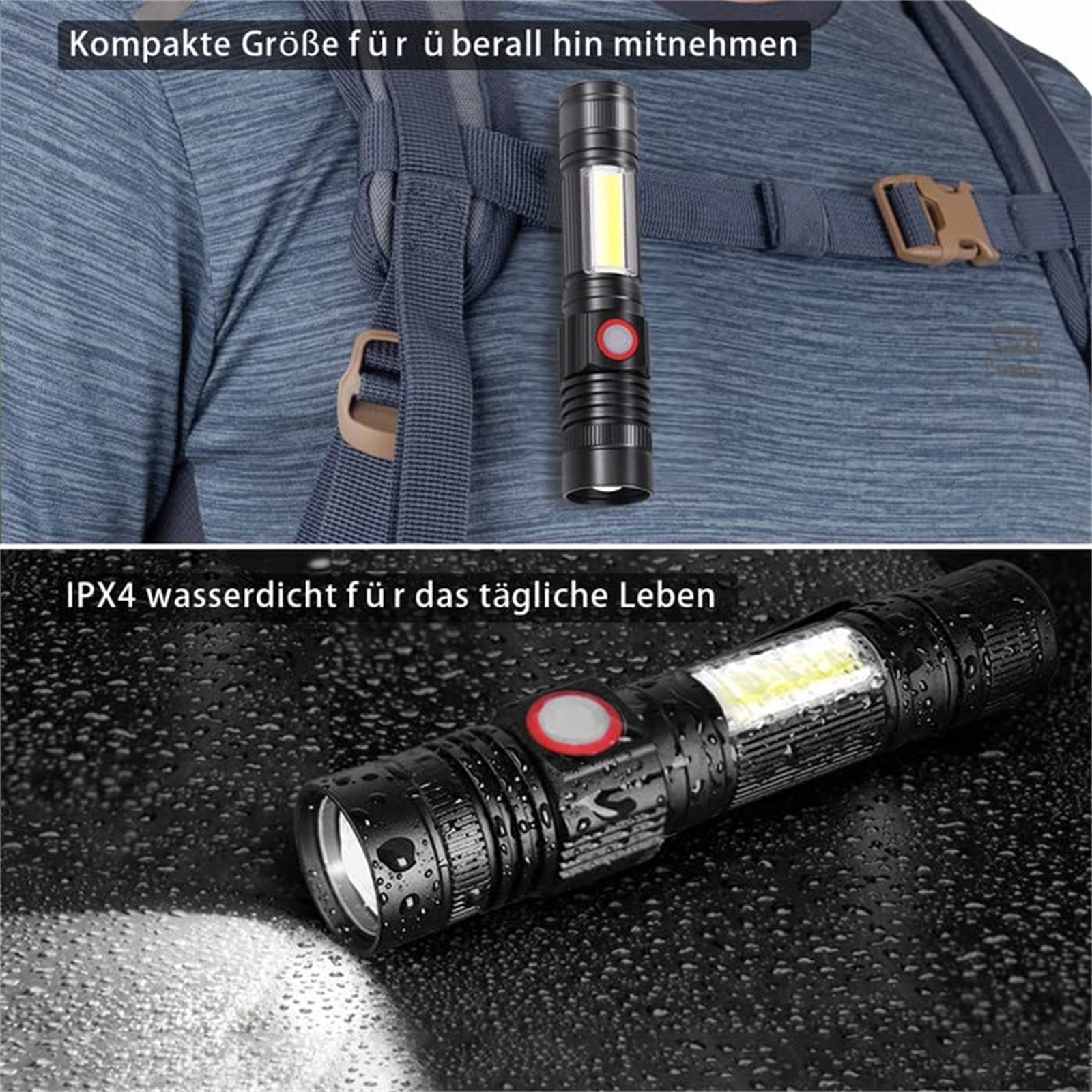 Taschenlampe mit Text über Portabilität und Wasserbeständigkeit. Eine auf der Rückseite.