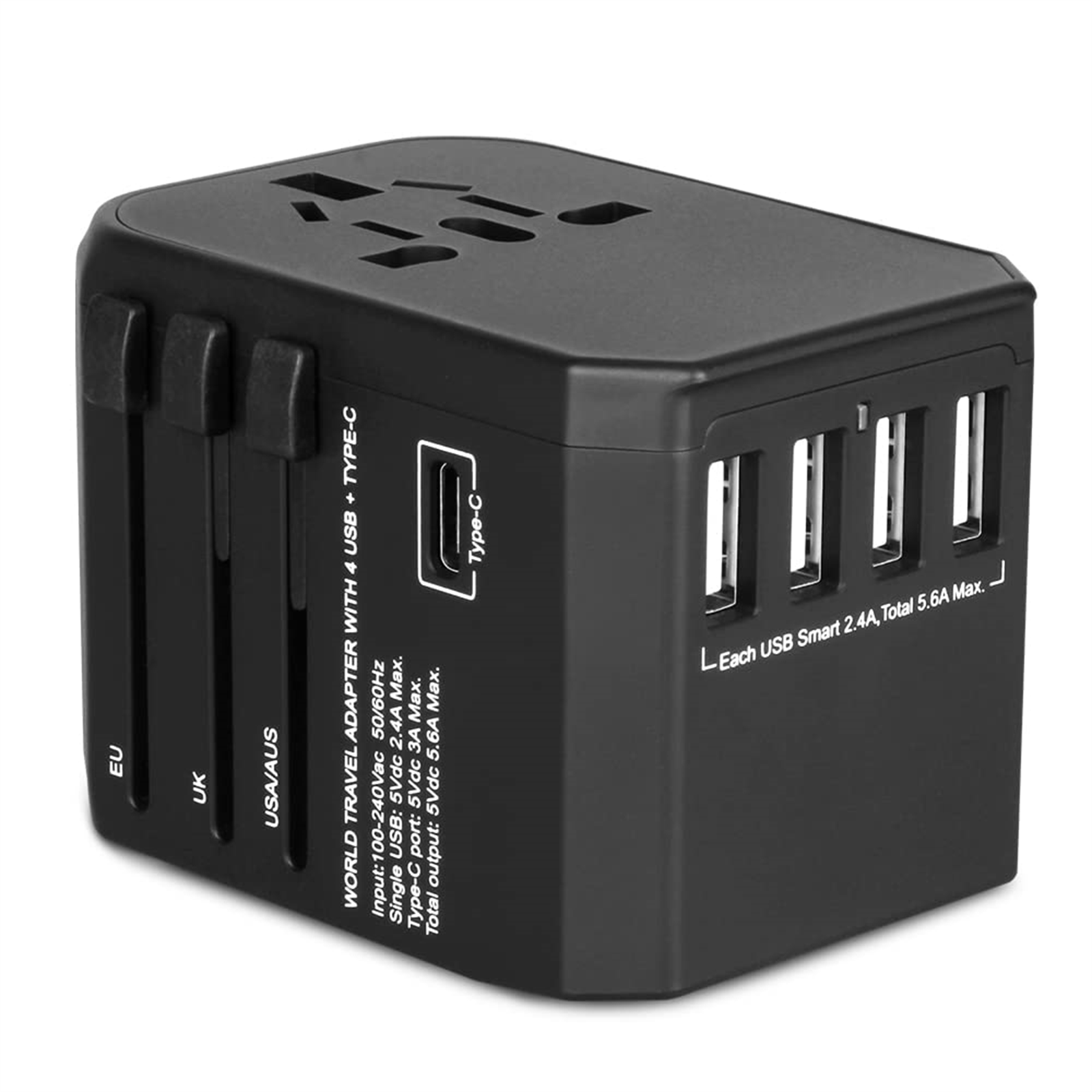 Schwarzer Reiseadapter mit mehreren Stecker-Konfigurationen und USB-Anschlüssen, mit EU, UK und USA/AUS beschriftet.