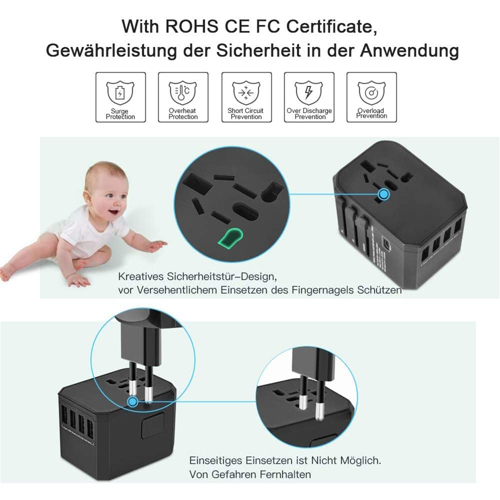 Ein schwarzer Adapter mit Stiften. Ein Baby schaut. Sicherheitsmerkmale werden beworben.