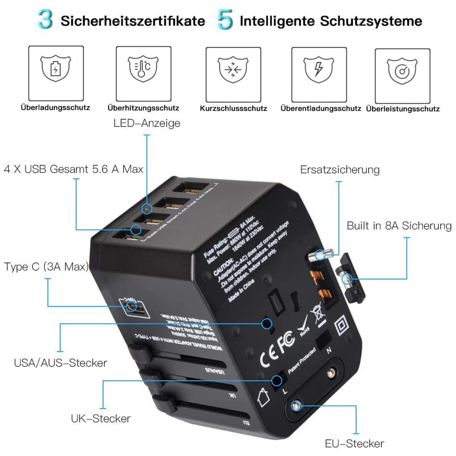 Schwarzer Universal-Reiseadapter mit verschiedenen Steckern und USB-Anschlüssen, mit Beschriftungen und Symbolen.