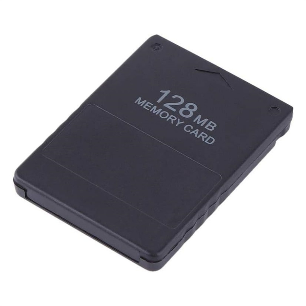Schwarze 128MB Speicherkarte. Die Karte ist rechteckig und liegt auf weißem Grund.