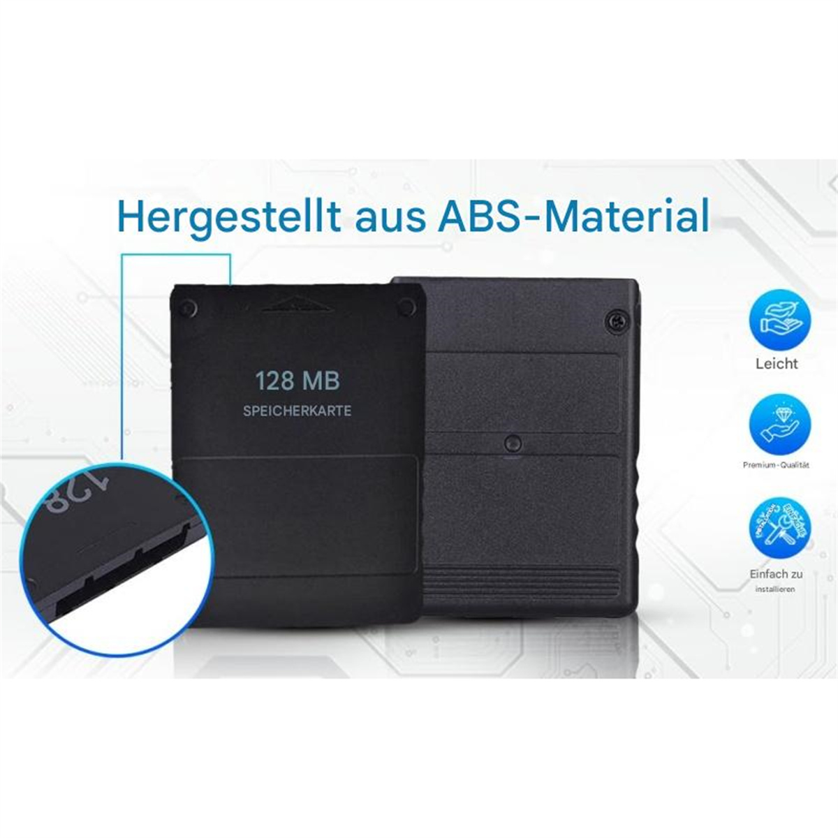 Schwarze Speicherkarte aus ABS-Material mit Text '128 MB' und Symbolen, die Funktionen anzeigen.