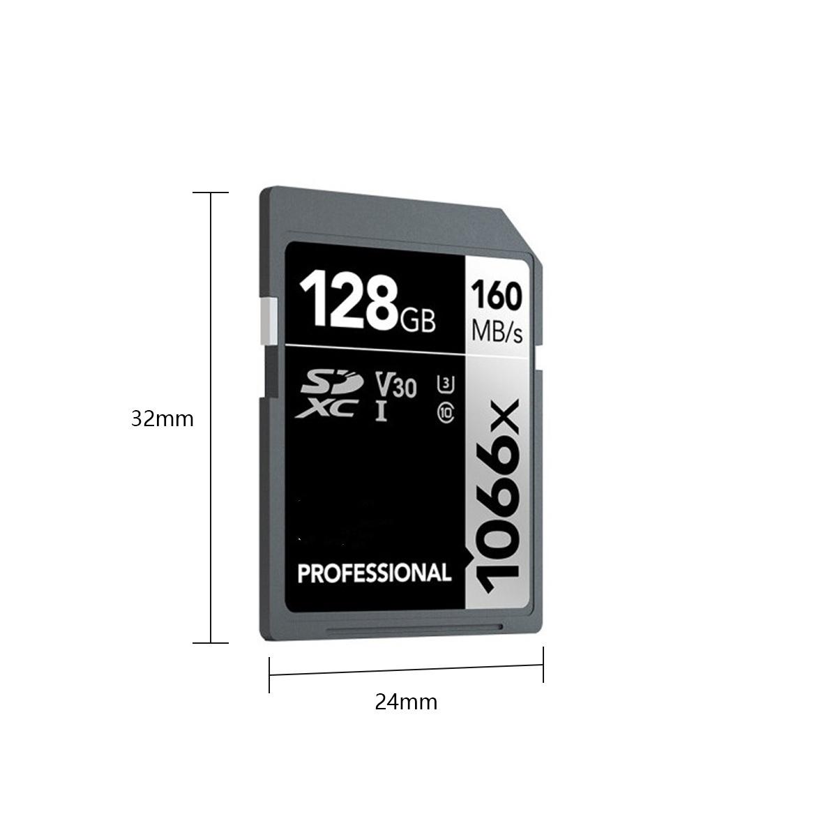 SD-Karte, 128 GB, 160 MB/s, schwarz und grau. Abmessungen: 32 mm x 24 mm.