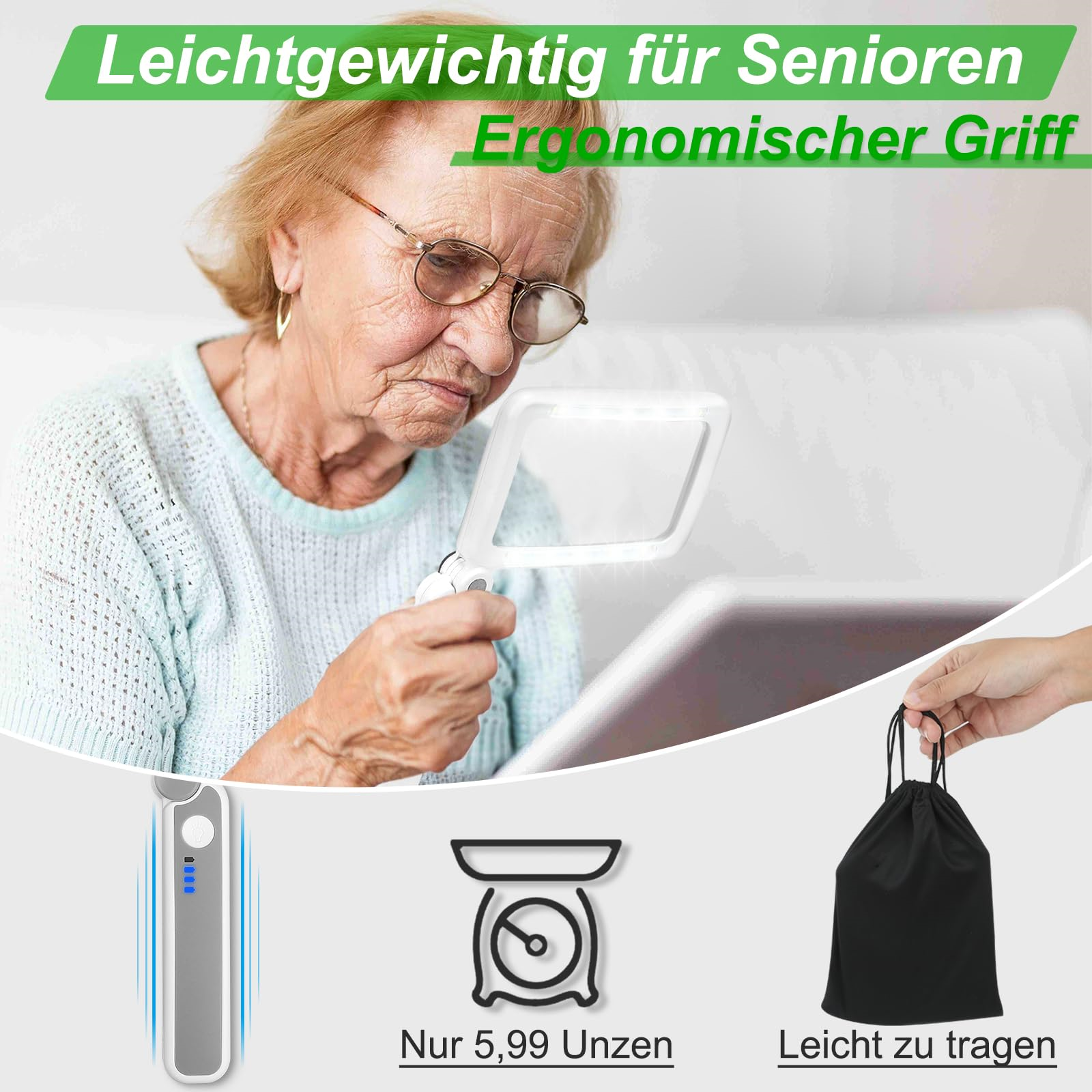 Ältere Frau mit Brille benutzt Lupe und Tablet. Text: Leichtgewichtig für Senioren, Ergonomischer Griff.