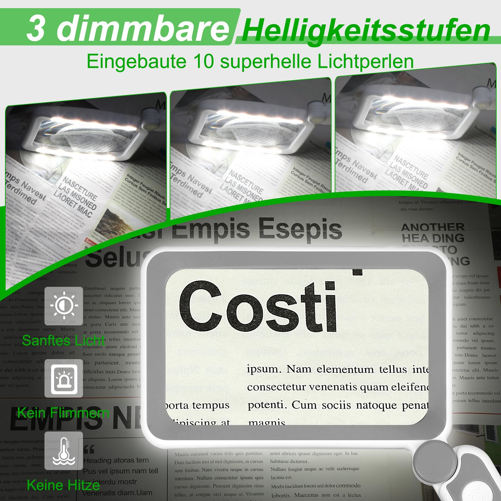 Lupe über einem Zeitungsartikel, beleuchtet von hellen Lichtern.