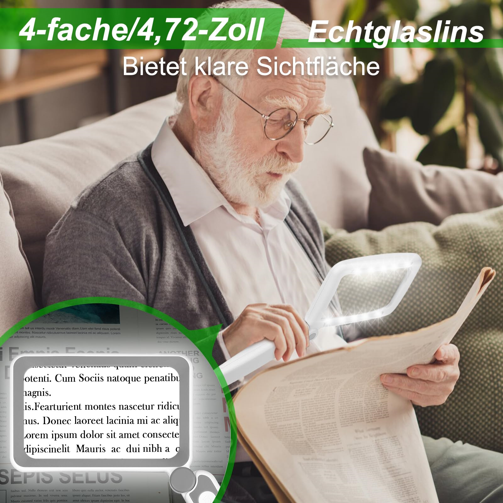 Mann liest Zeitung mit beleuchteter Lupe, Sofa im Hintergrund.