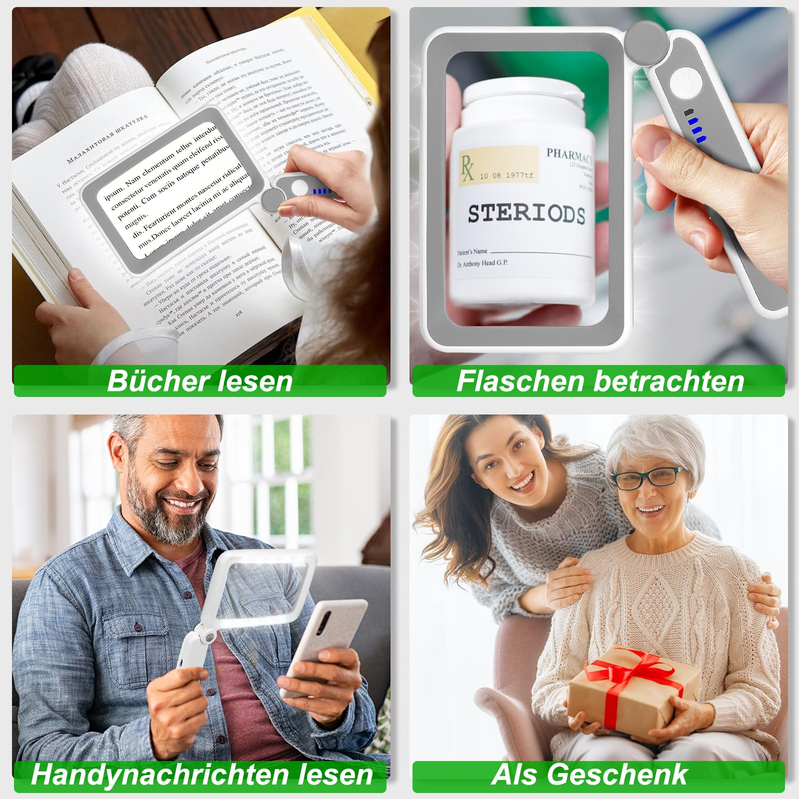 Vier Bilder, die die Verwendung einer Lupe zeigen.