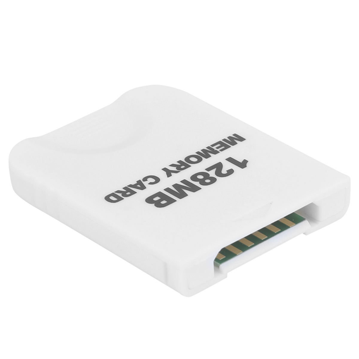 Eine weiße 128MB Speicherkarte wird in einem Winkel gezeigt, mit Text auf der Karte.