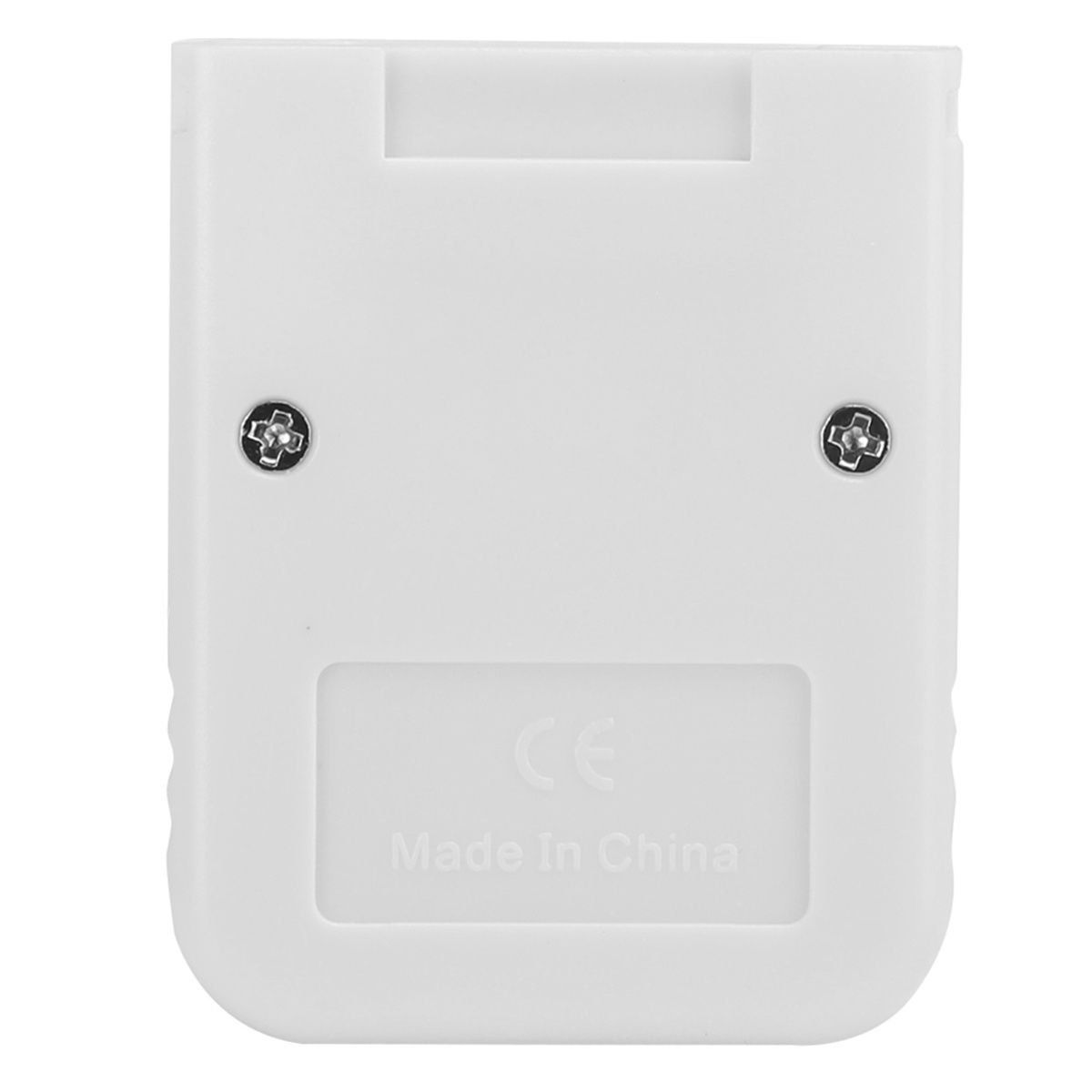Ein kleines weißes Kunststoffgerät mit zwei Schrauben und dem Text "CE" und "Made In China" darauf.