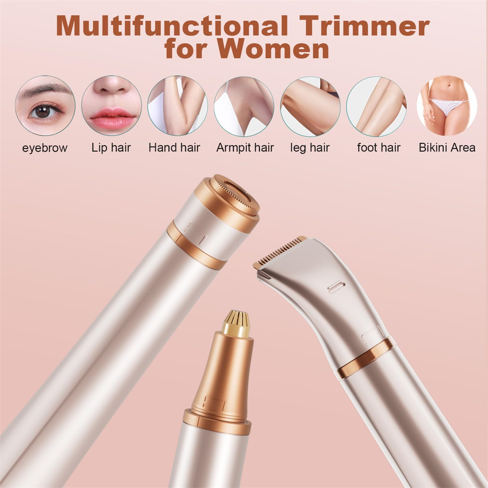 Multifunktionaler Trimmer für Frauen. Zeigt 6 Bereiche zum Trimmen, einschließlich Augenbraue, Lippe und Bikinizone.