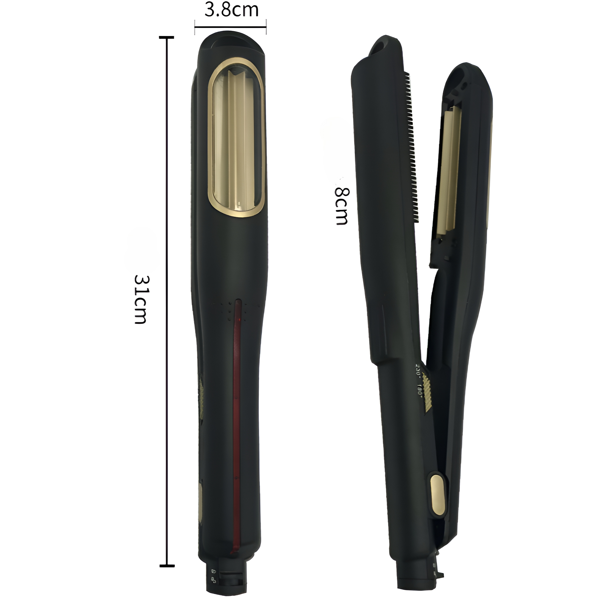 Schwarzer Haarglätter. Zeigt die Abmessungen von 31 cm Länge und 8 cm Breite. Goldakzente.