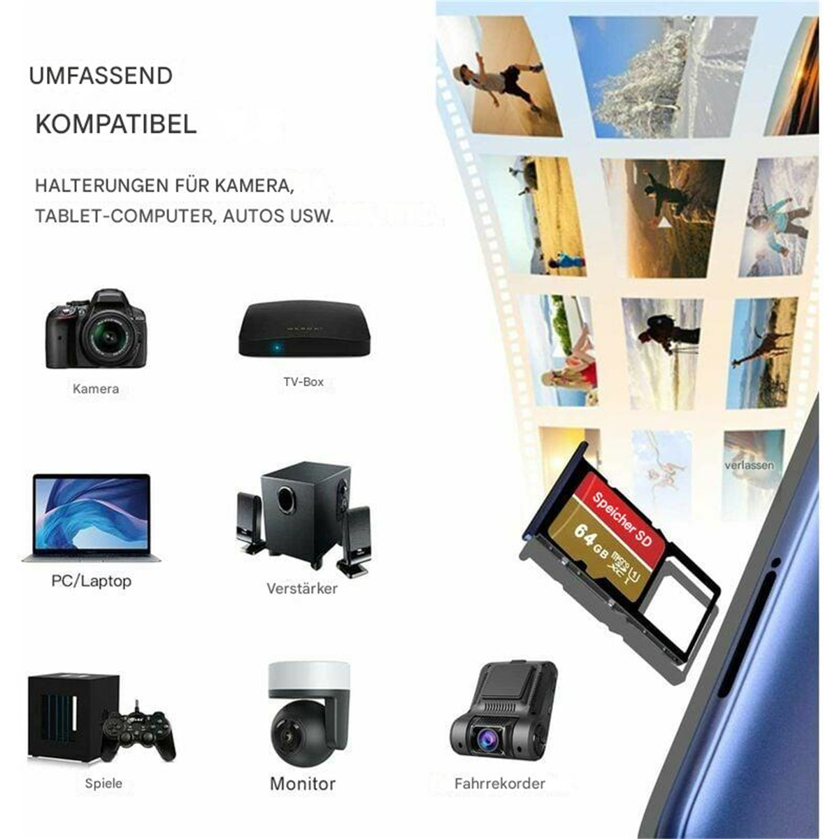 Mehrere elektronische Geräte und deren Zubehör, darunter eine Kamera, TV-Box, Laptop und Lautsprecher.