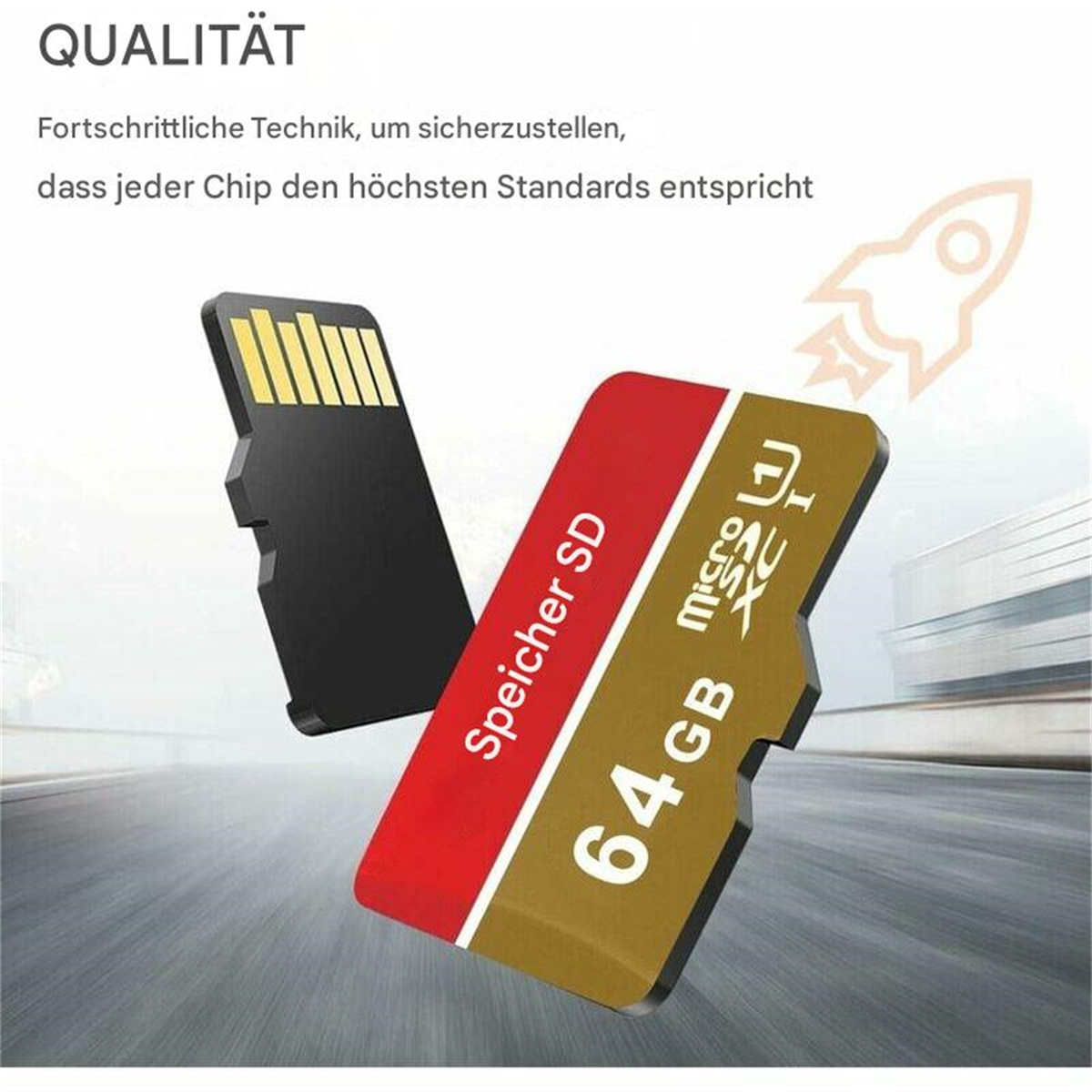 Zwei SD-Karten: eine schwarz, eine rot und gold. Im Hintergrund eine Raketen-Grafik.