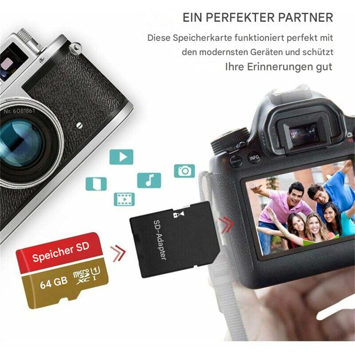 Kamera, SD-Karte und SD-Adapter. Außerdem ein Foto auf dem Kamerabildschirm.