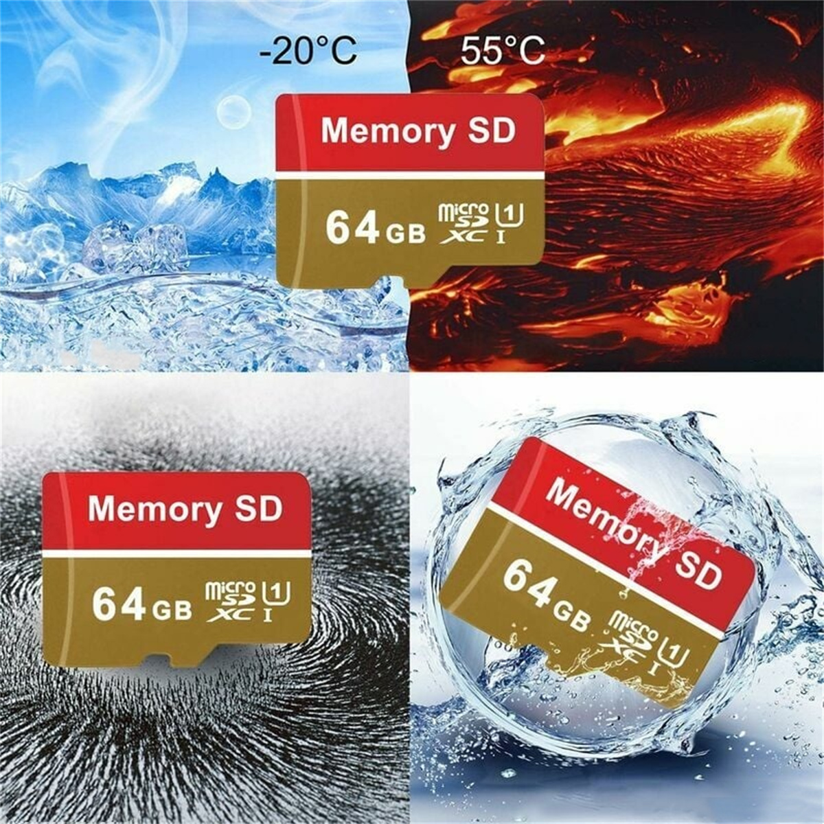 Vier Bilder einer Speicher-SD-Karte in verschiedenen Umgebungen und Temperaturen.