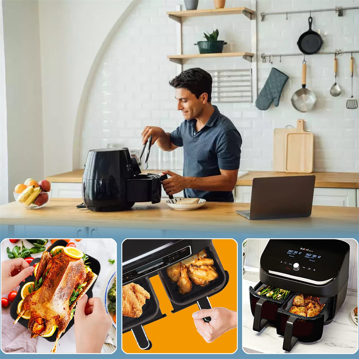 Ein Mann nimmt mit einer Zange Essen aus einer schwarzen Heißluftfritteuse. Anderes Essen und ein Laptop sind sichtbar.