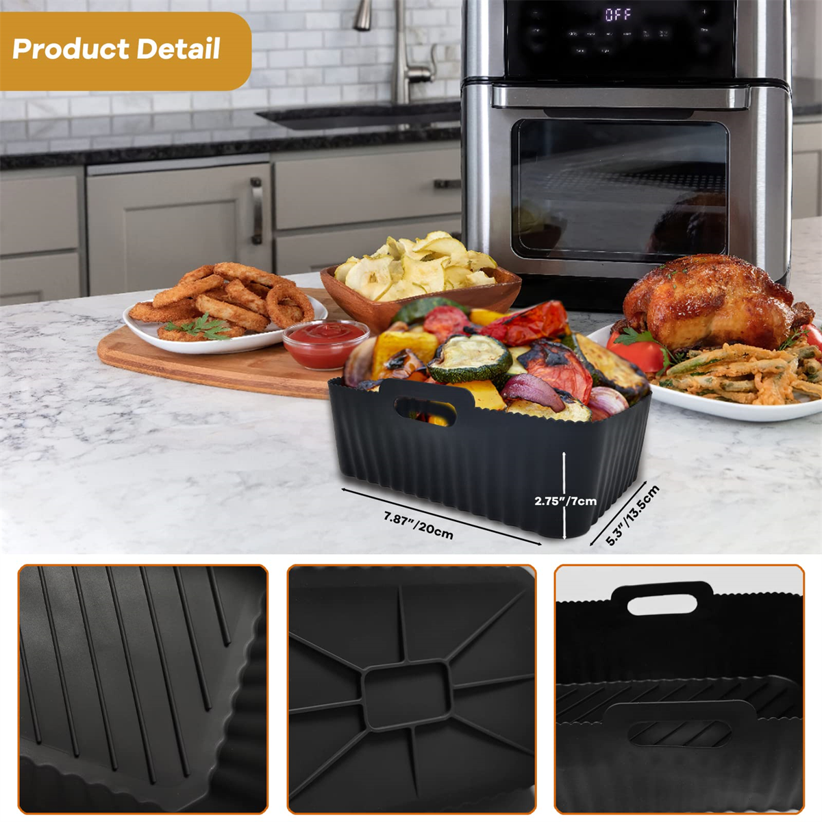 Speisen auf einem Holztisch mit einer schwarzen Silikon-Airfryer-Schale und einer Airfryer im Hintergrund.