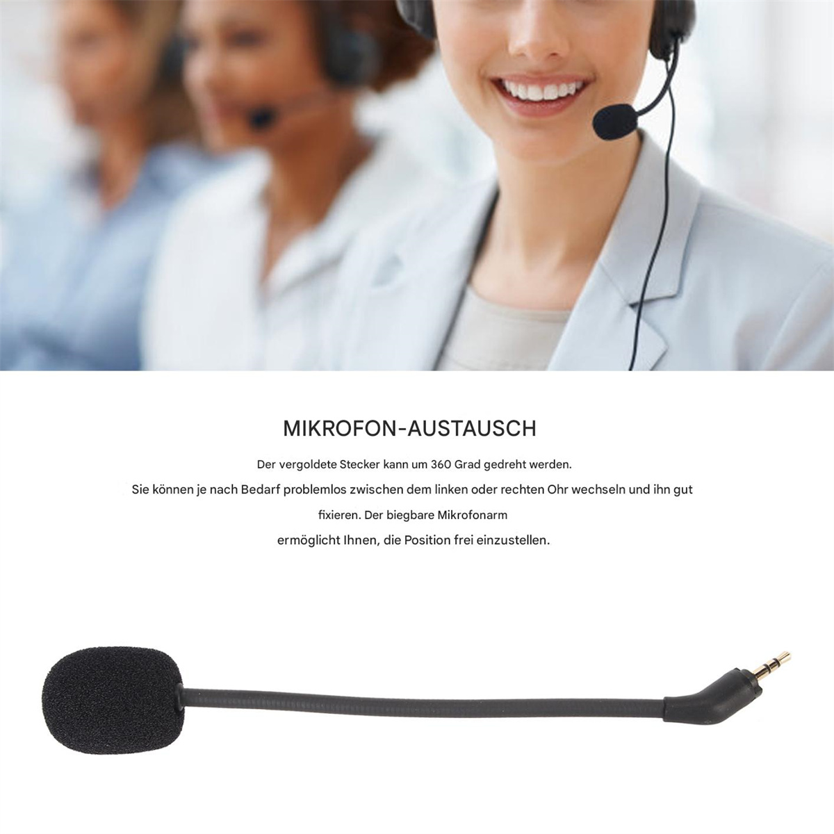 Ein Headset-Mikrofon. Eine Kundendienstmitarbeiterin lächelt im Hintergrund.
