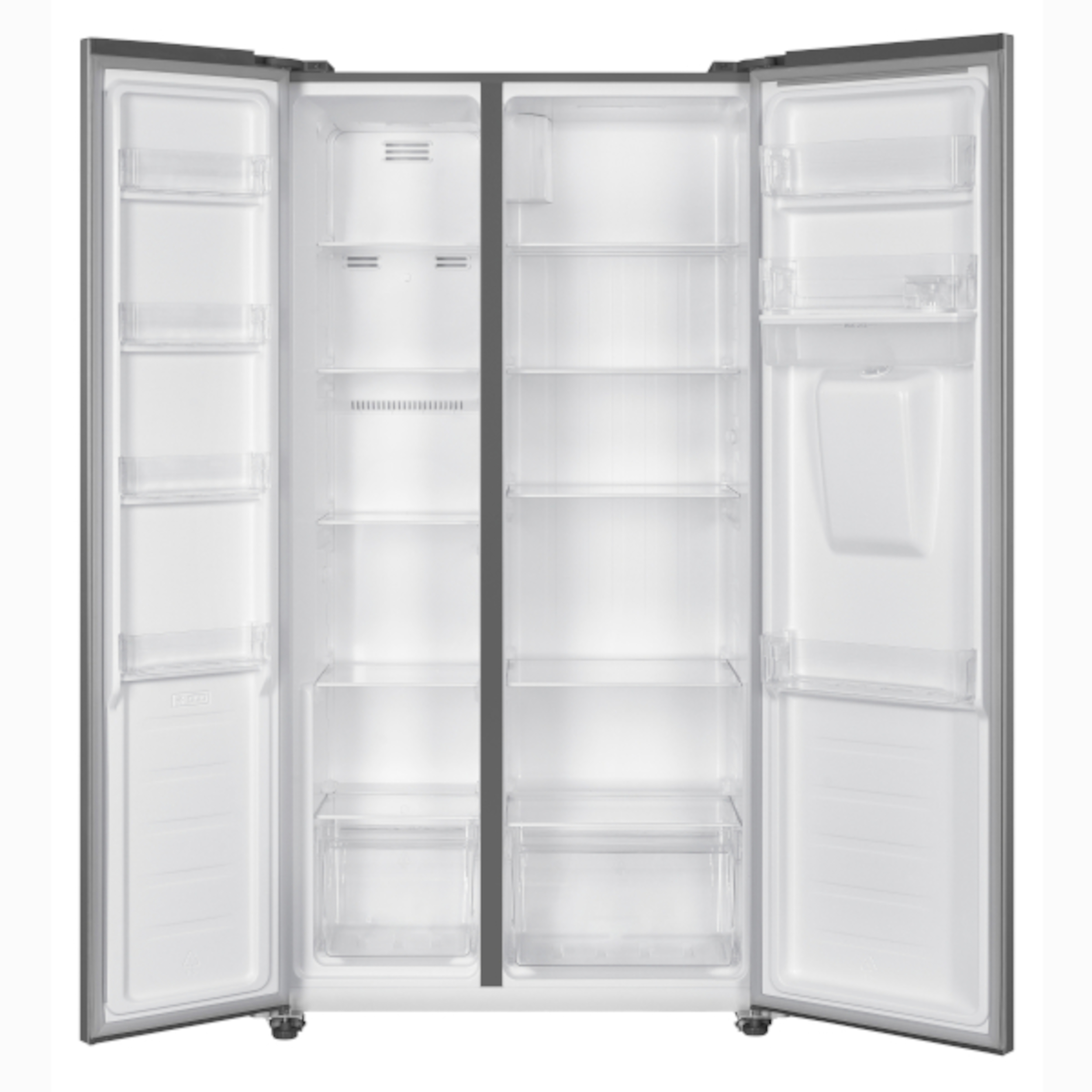 Ein offener Kühlschrank mit leeren Regalen und Schubladen. Grauer Rahmen und weiße Innenausstattung. Klare Plastikregale.
