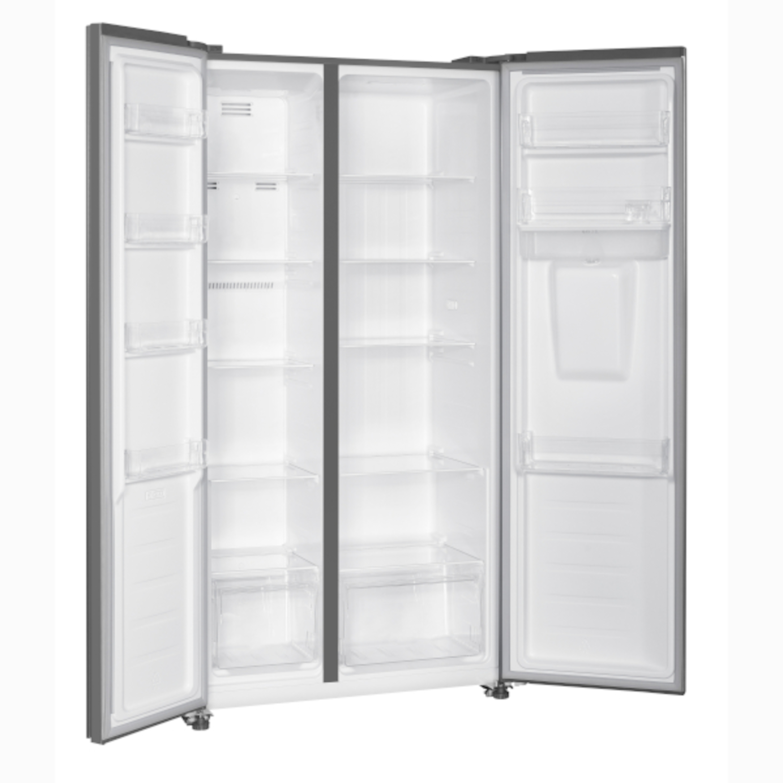 Offener weißer Kühlschrank mit Regalen. Türen sind geöffnet, Innenraum sichtbar.